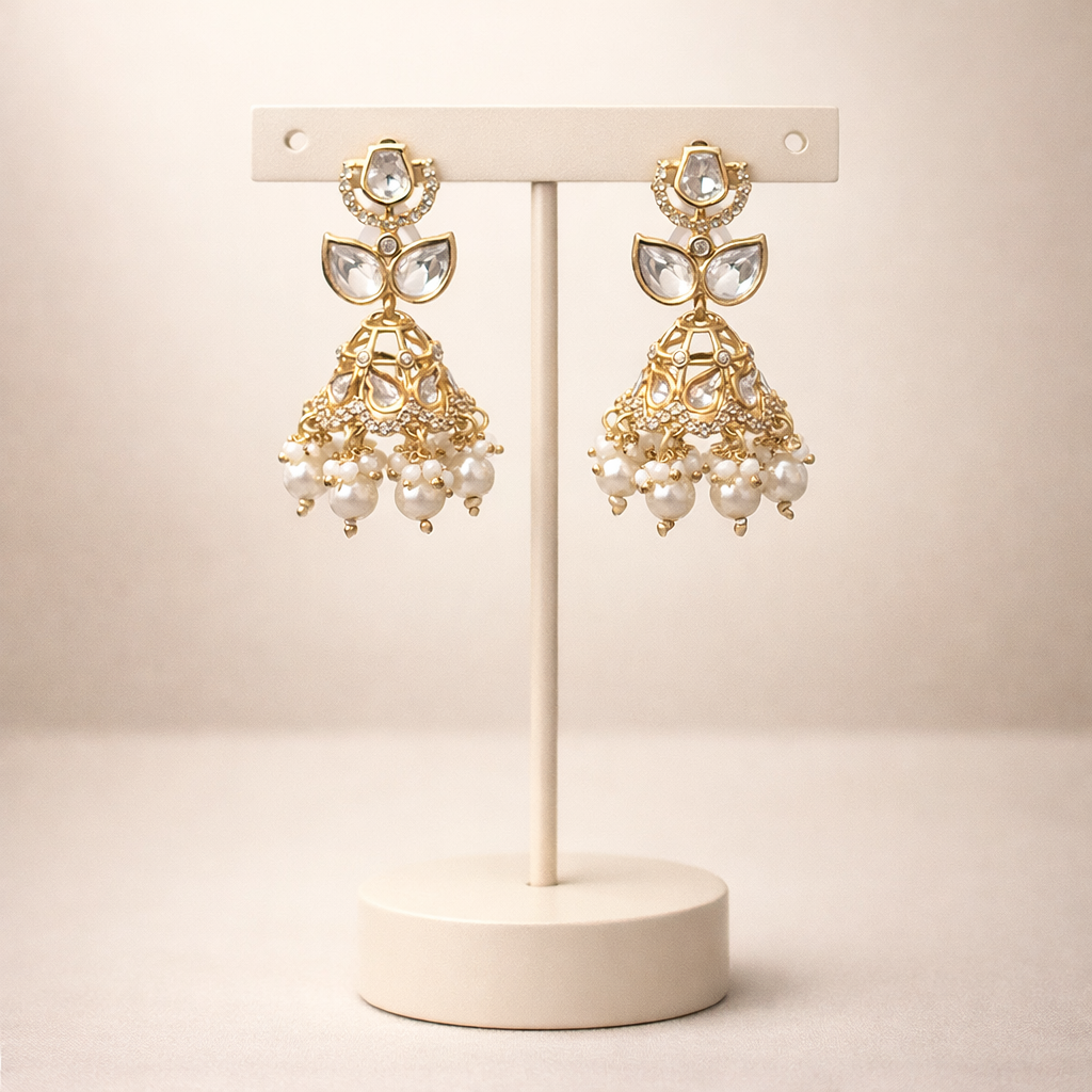 Lotus Polki Pearl Jhumka Earrings | Traditional Wedding & Festive Jewelry