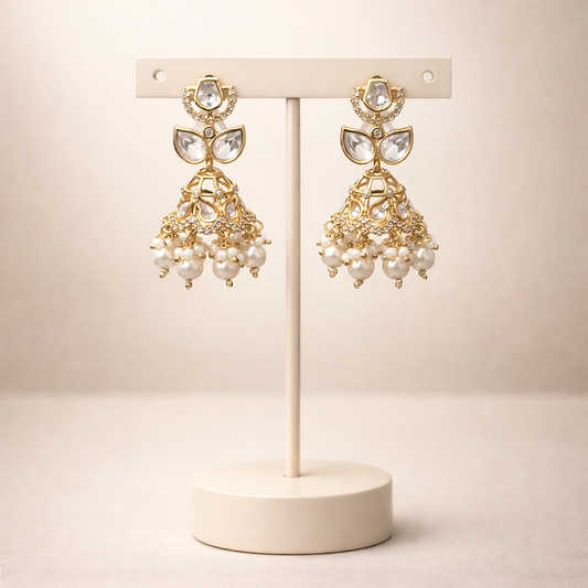 Lotus Polki Pearl Jhumka Earrings | Traditional Wedding & Festive Jewelry