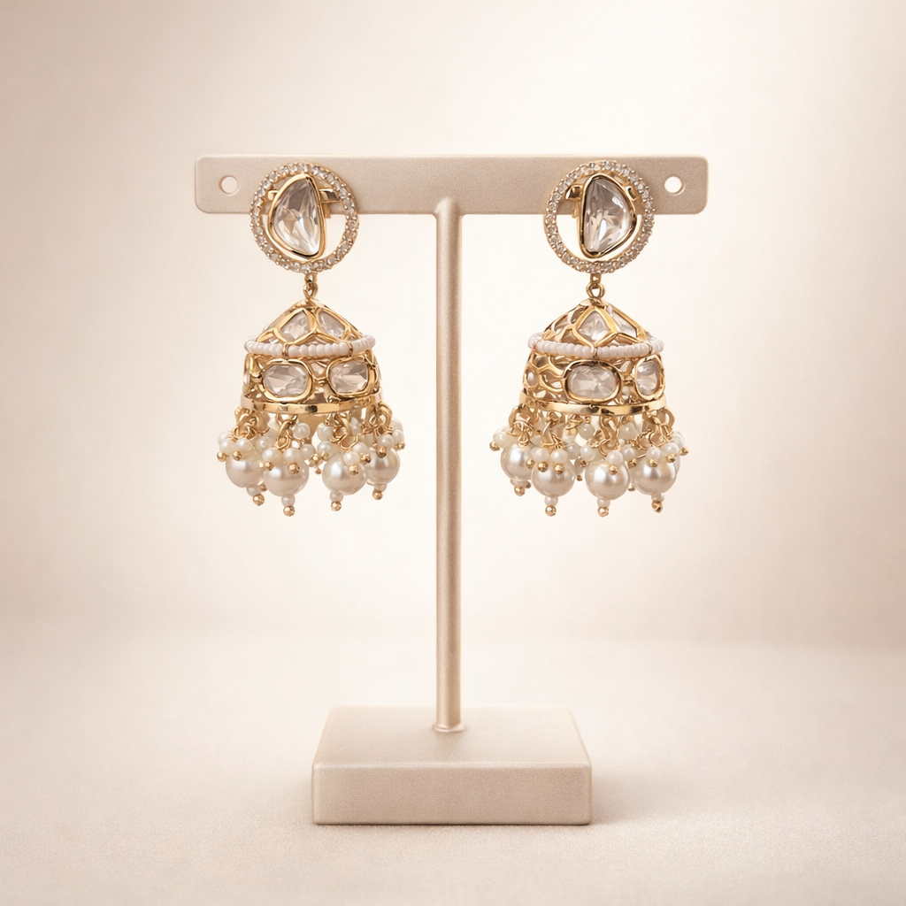 Shahi Noor Polki Pearl Jhumka Earrings | Traditional Bridal & Festive Jewelry