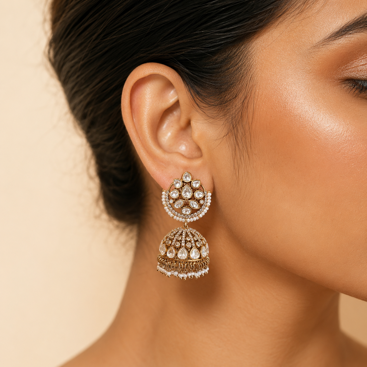 Zareen Pearl Polki Jhumka Earrings | Moissanite Polki Bridal Jhumkas | Atal Jain Designs