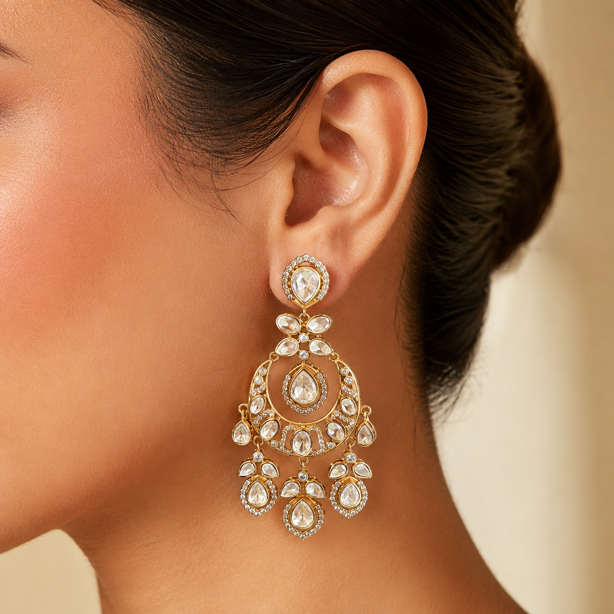 Nooraya Polki Chandelier Earrings | Moissanite Polki Statement Earrings for Women | Atal Jain Designs