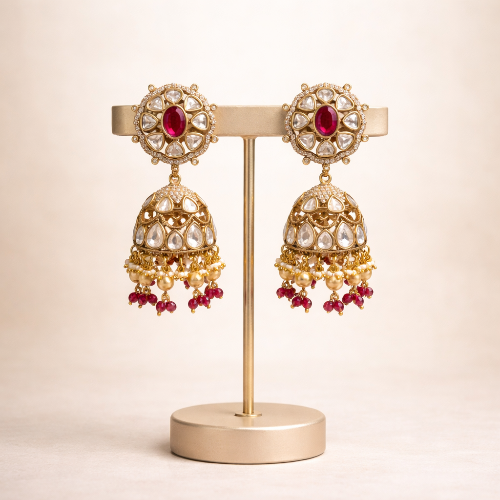 Gulnaar Polki Pearl Jhumka Earrings | Ruby & Emerald Bridal Jhumkas