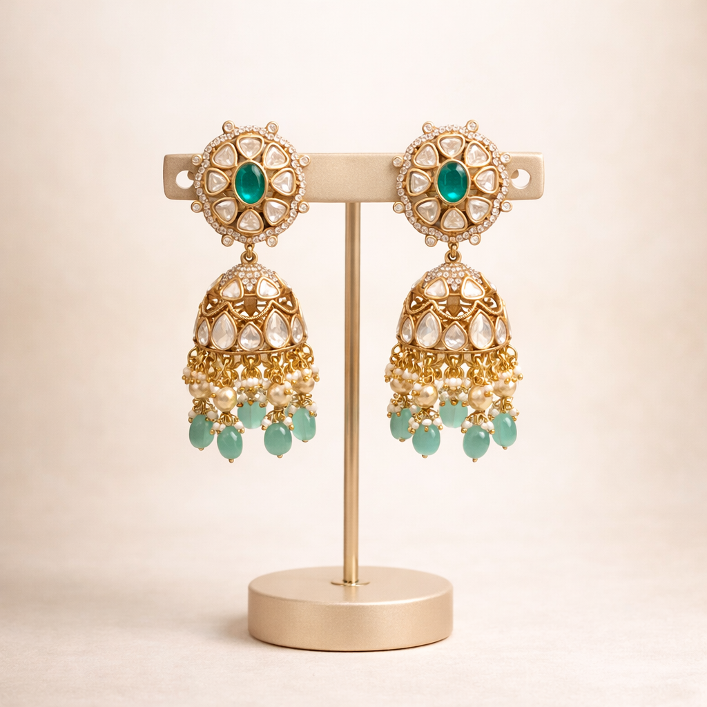 Gulnaar Polki Pearl Jhumka Earrings | Ruby & Emerald Bridal Jhumkas