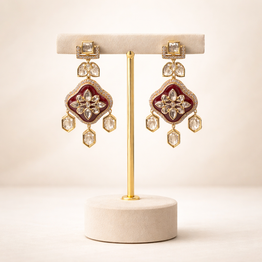 Noorbagh Polki Enamel Drop Earrings | Ruby & Black Mughal Style Earrings