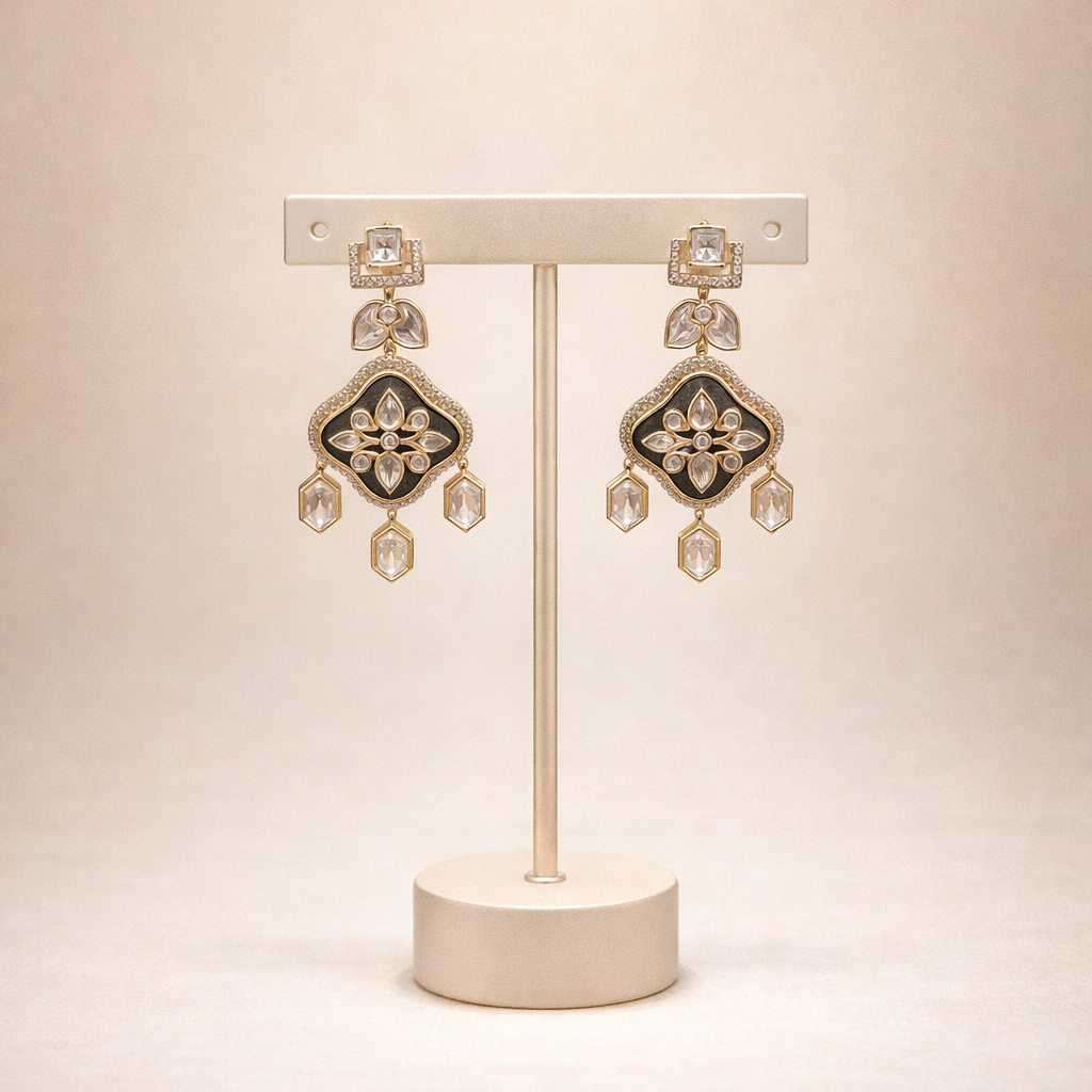 Noorbagh Polki Enamel Drop Earrings | Ruby & Black Mughal Style Earrings