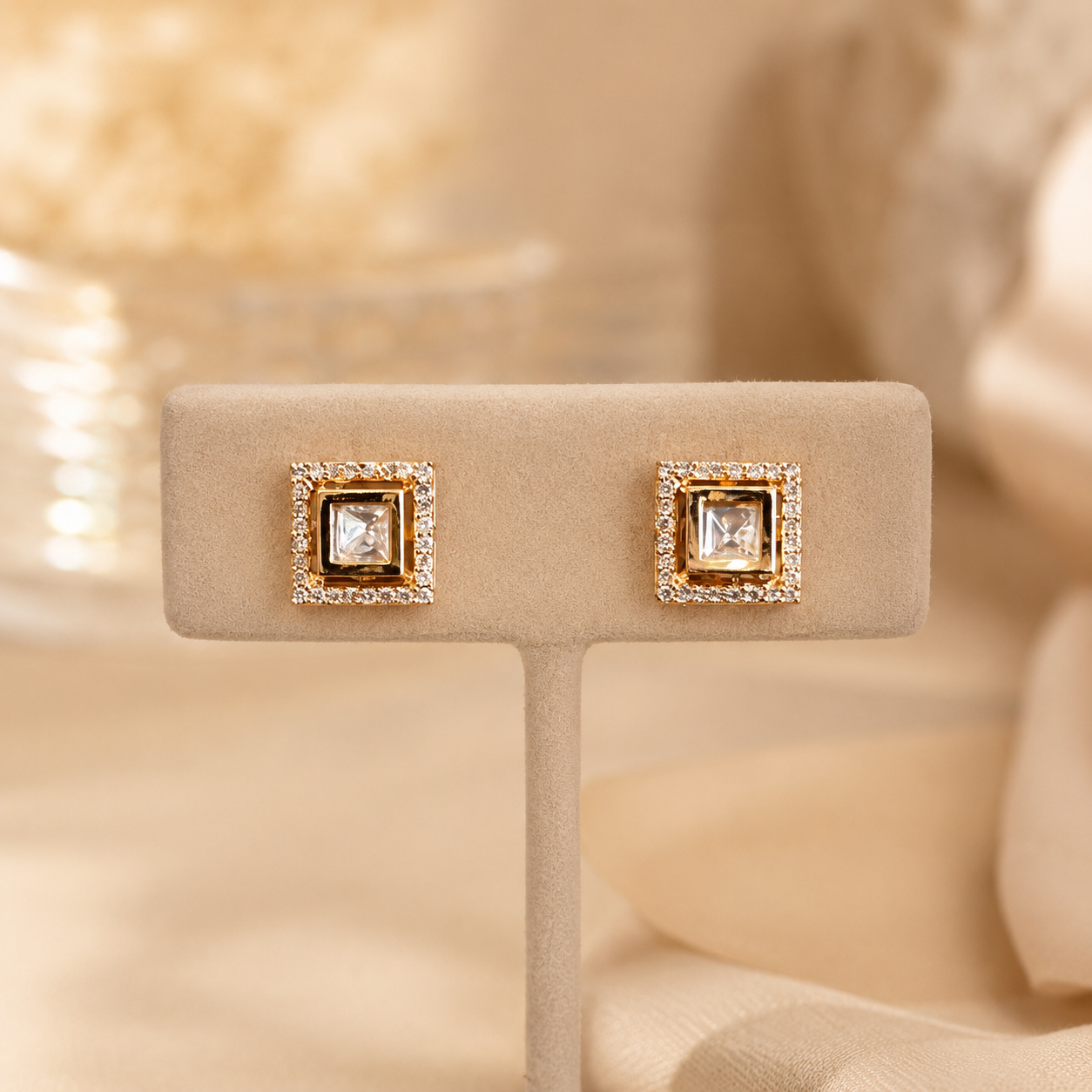 Elara Square Halo Studs | Moissanite Polki Minimal Stud Earrings for Women | Atal Jain Designs