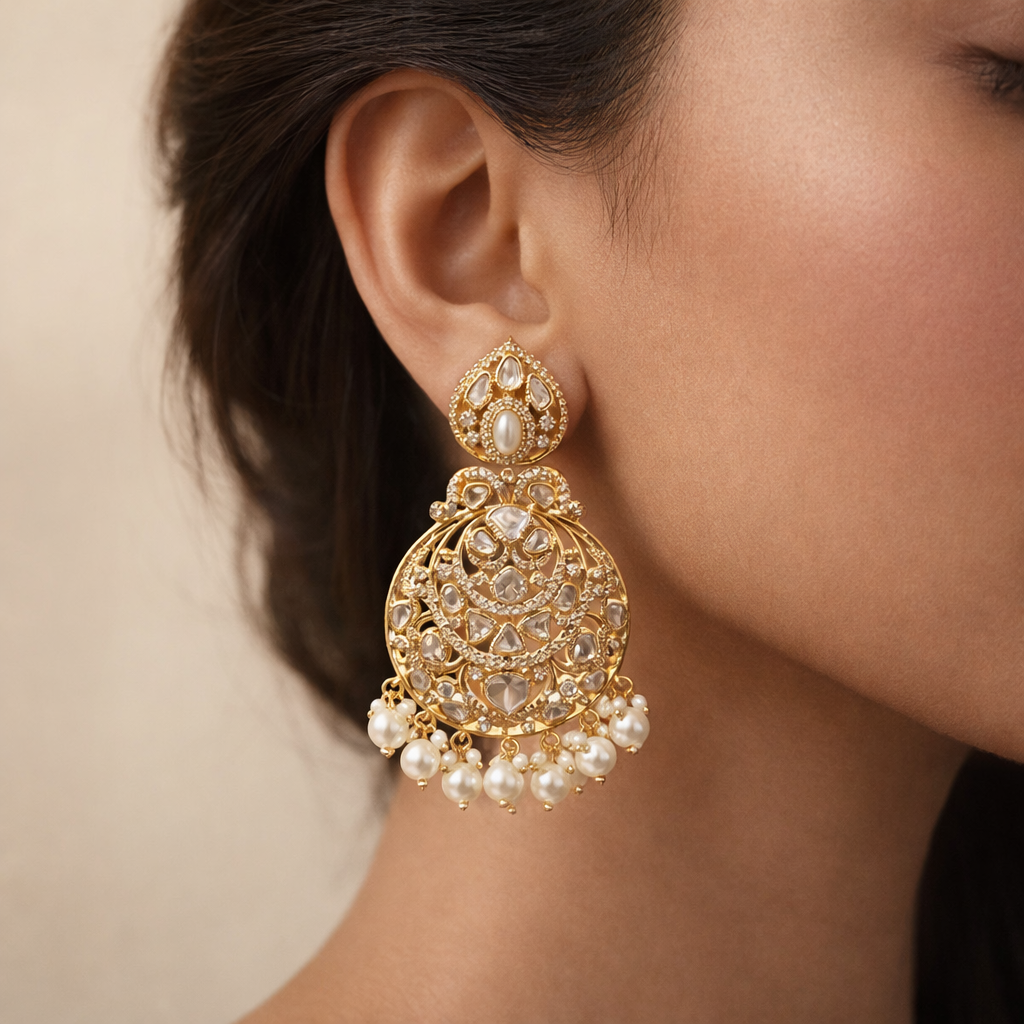 Pearl Drop Polki Chandbali Earrings – Traditional Indian Wedding & Festive Jewelry