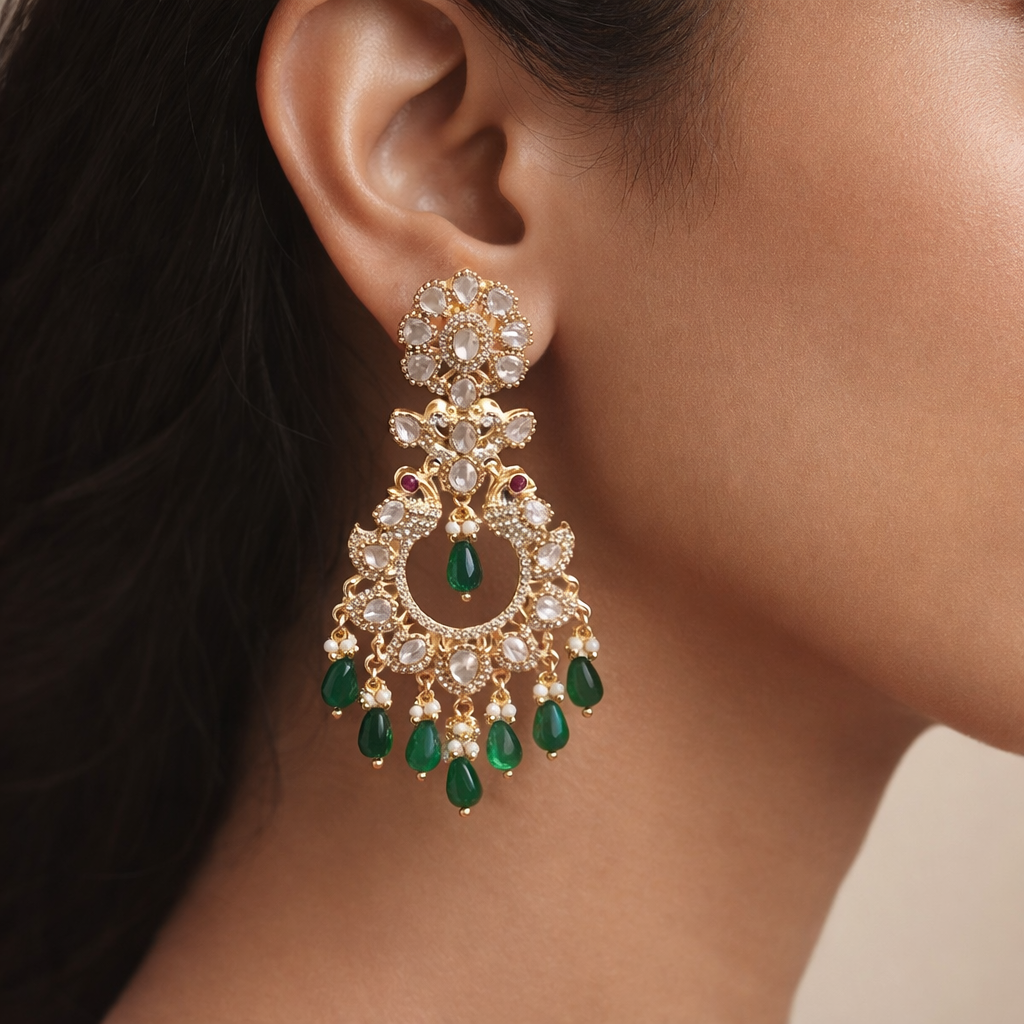 Emerald Drop Polki Chandbali Earrings – Traditional Indian Wedding & Festive Jewelry