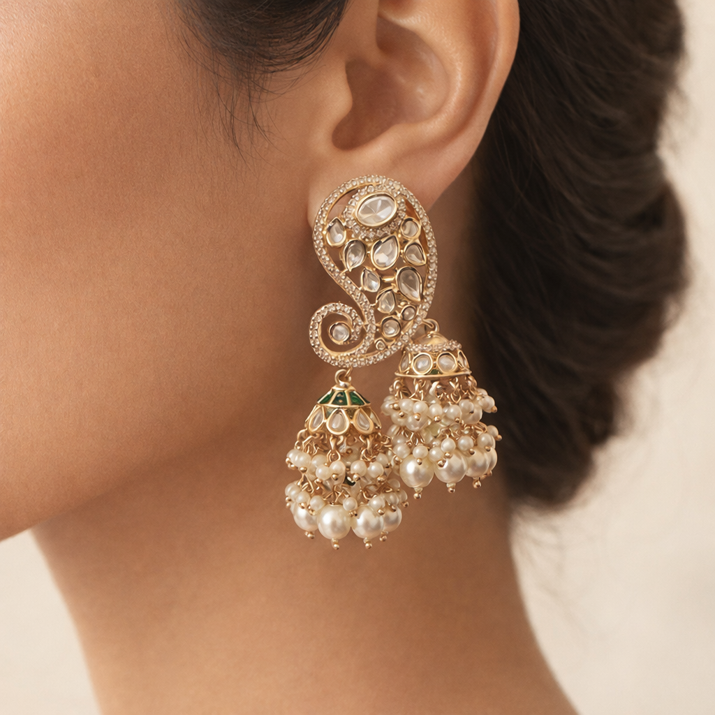 Royal Paisley Polki Pearl Jhumka Earrings | Elegant Wedding & Festive Jewelry