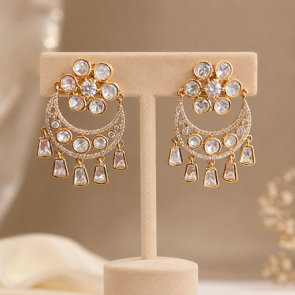 Nayra Celestial Polki Chandelier Earrings | Moissanite Polki Statement Earrings | Atal Jain Designs