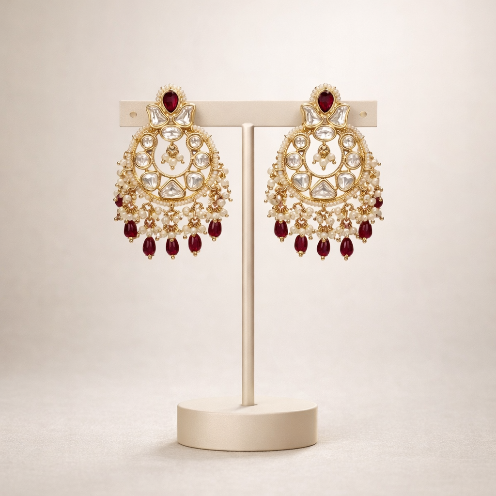 Ruhani Ruby Polki Chandbali Earrings – Pearl & Ruby Drop Bridal Earrings