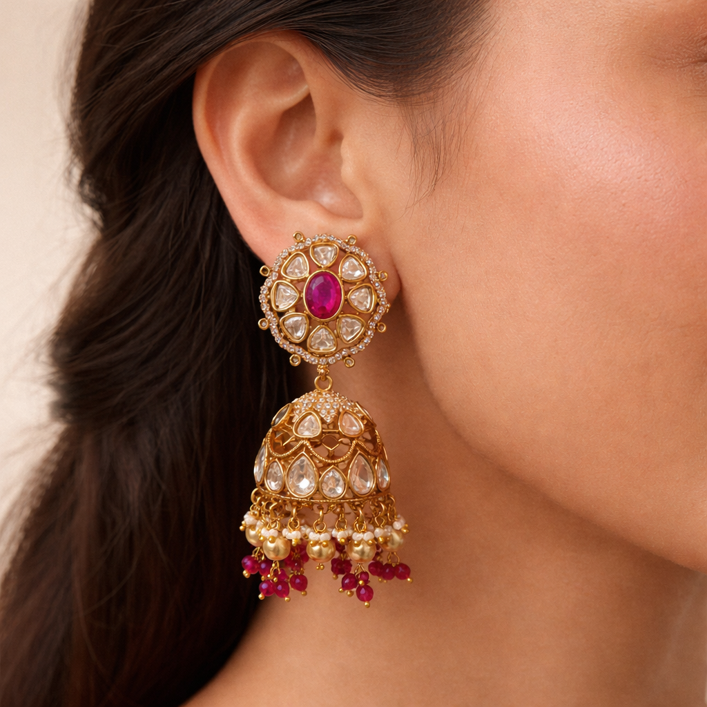 Gulnaar Polki Pearl Jhumka Earrings | Ruby & Emerald Bridal Jhumkas