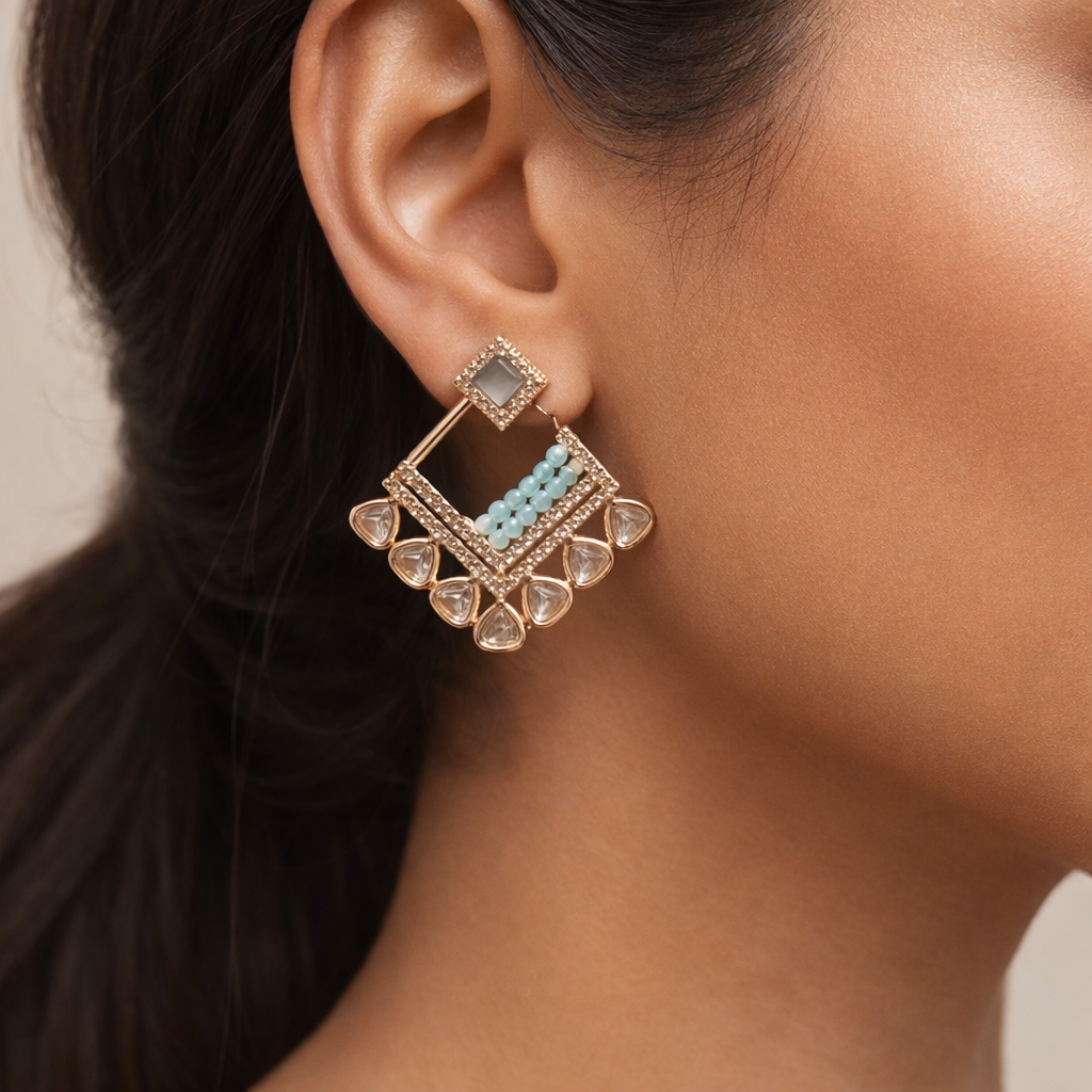 Aabha Aqua Polki Drop Earrings – Geometric Polki Statement Earrings