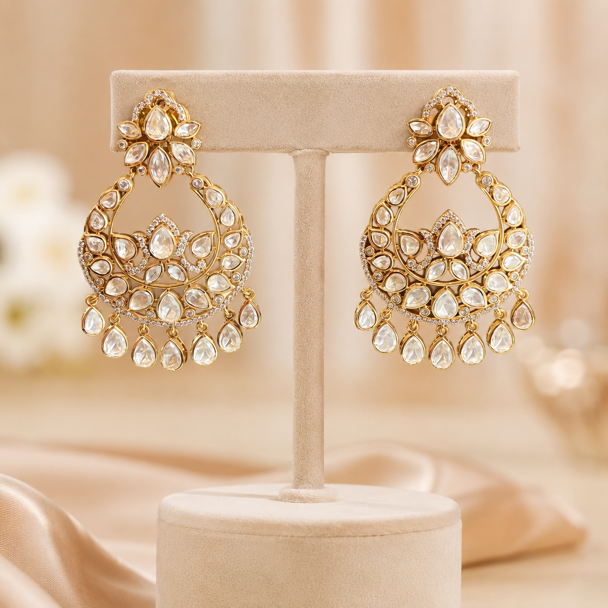 Aarvika Lotus Polki Chandbali Earrings | Moissanite Polki Bridal Earrings | Atal Jain Designs