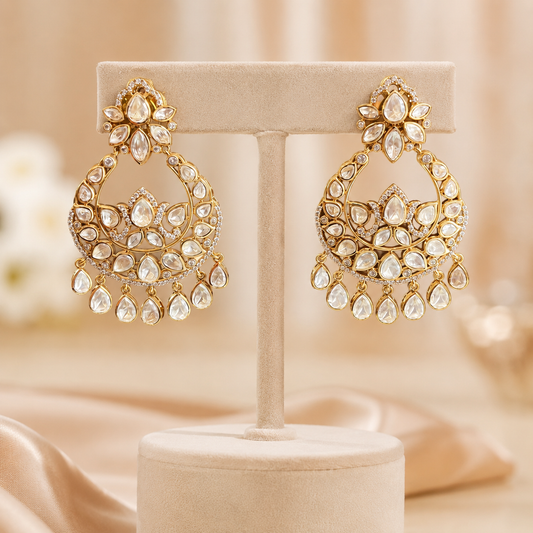 Aarvika Lotus Polki Chandbali Earrings | Moissanite Polki Bridal Earrings | Atal Jain Designs
