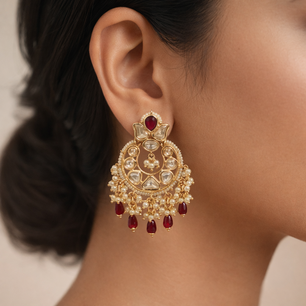 Ruhani Ruby Polki Chandbali Earrings – Pearl & Ruby Drop Bridal Earrings