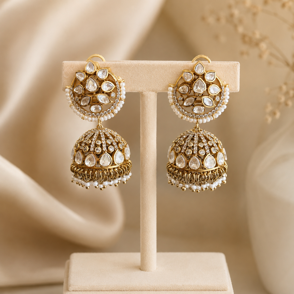 Zareen Pearl Polki Jhumka Earrings | Moissanite Polki Bridal Jhumkas | Atal Jain Designs