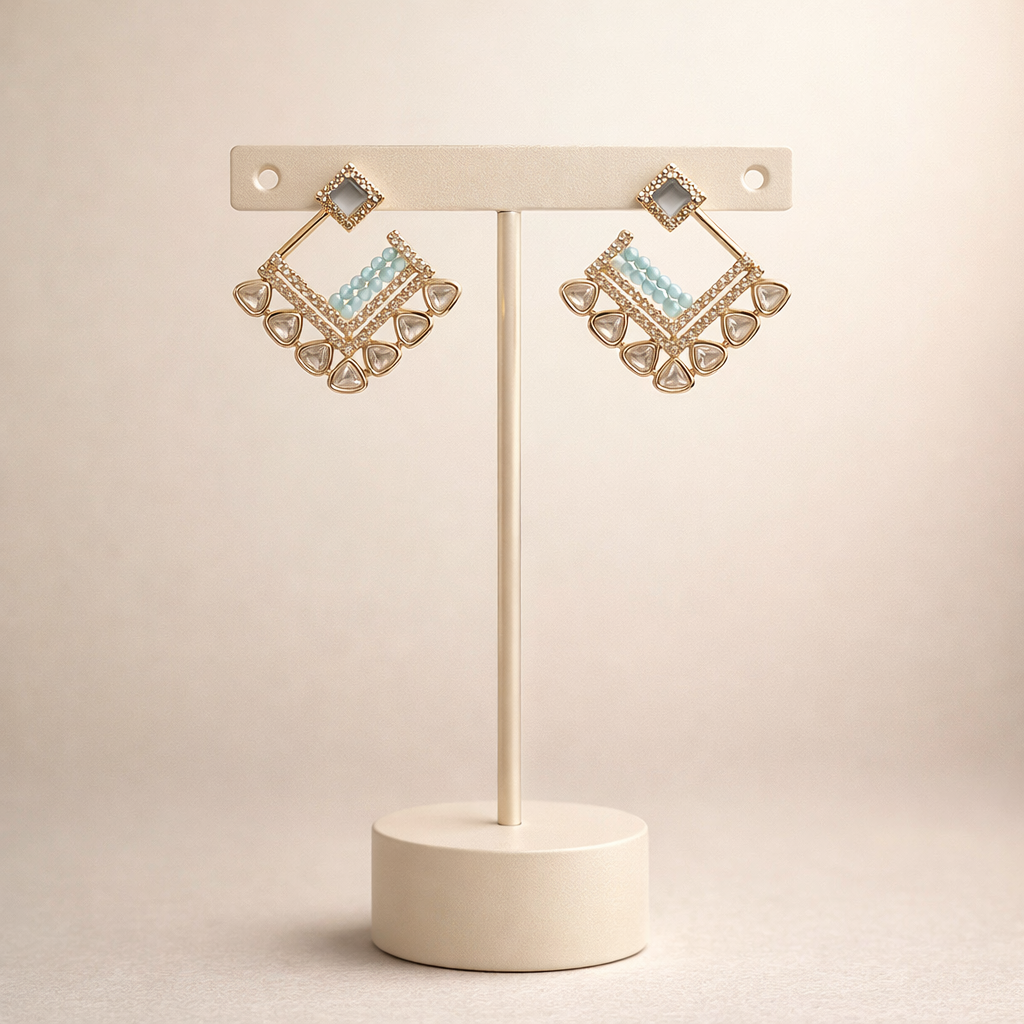 Aabha Aqua Polki Drop Earrings – Geometric Polki Statement Earrings