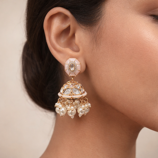 Gulnaar Polki Pearl Jhumka Earrings – Pink Enamel Polki Jhumka with Pearls