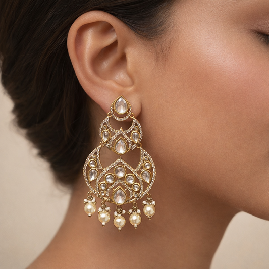 Noor Aab Polki Pearl Chandbali Earrings – Luxury Gold Polki Statement Earrings