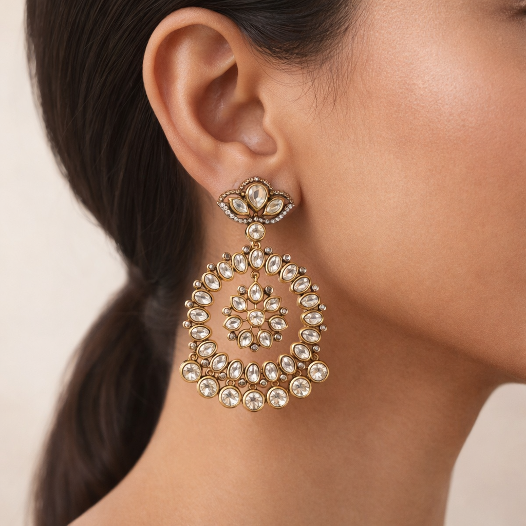 Rajvalli Polki Chandbali Earrings – Luxury Gold Polki Statement Earrings