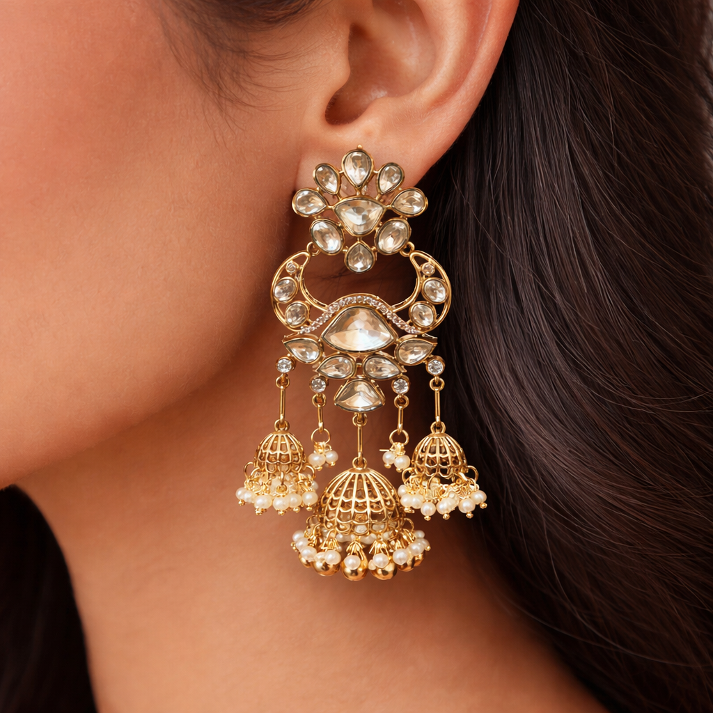 Sahiba Polki Pearl Jhumka Earrings | Bridal Gold Polki Statement Earrings