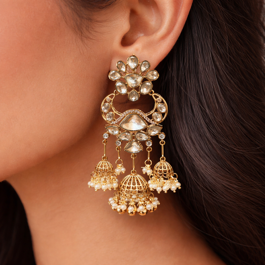 Sahiba Polki Pearl Jhumka Earrings | Bridal Gold Polki Statement Earrings