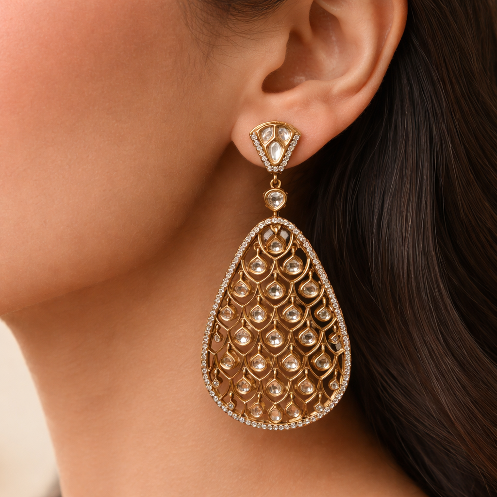 Triveni Polki Teardrop Earrings – Gold Polki Statement Drop Earrings