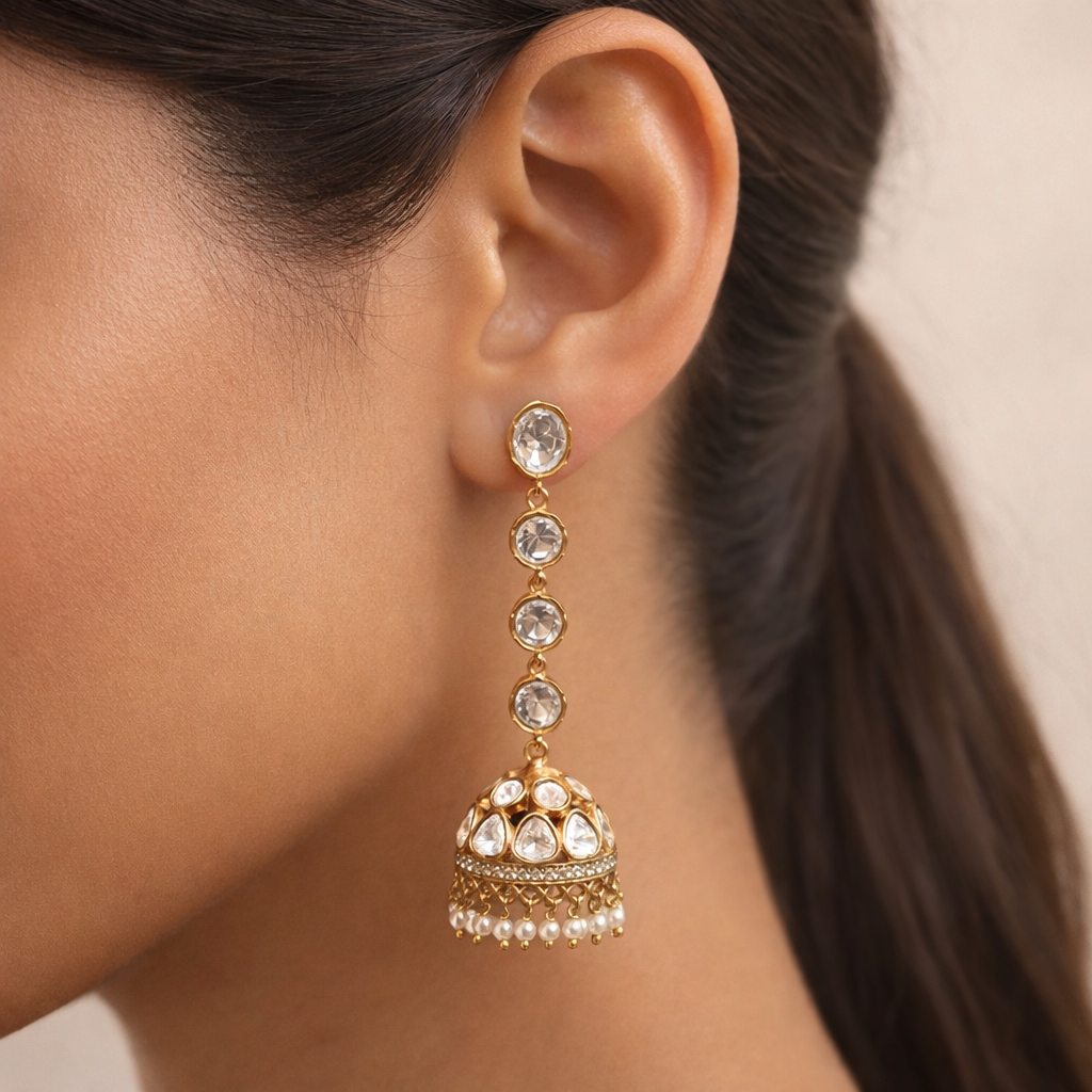 Sitara Polki Long Jhumka Earrings – Gold Polki Statement Drop Earrings