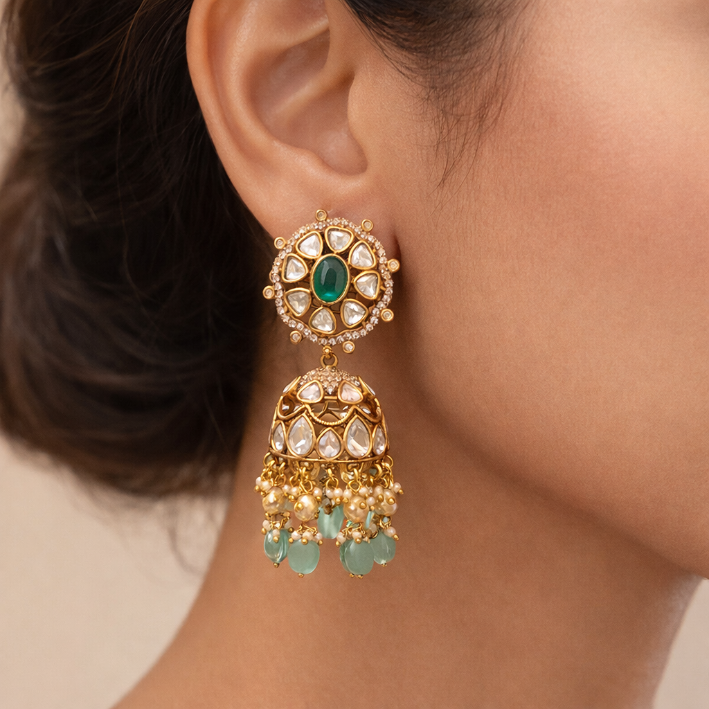 Gulnaar Polki Pearl Jhumka Earrings | Ruby & Emerald Bridal Jhumkas