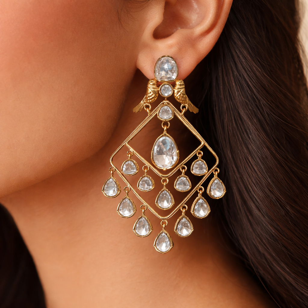 Rajhans Polki Statement Earrings – Gold Polki Long Drop Earrings