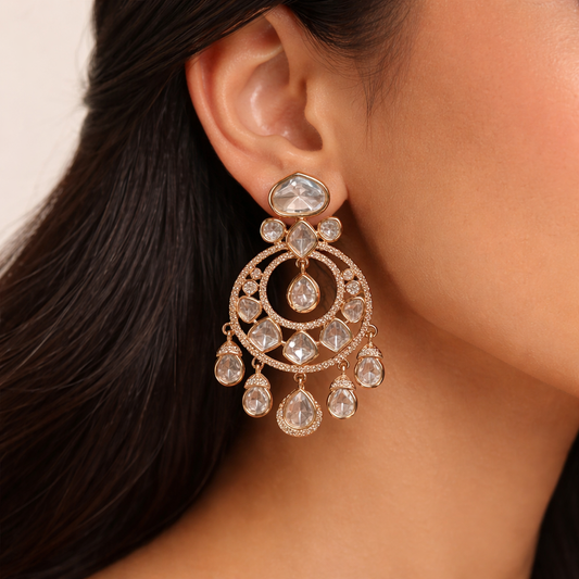 Aaradhya Polki Chand Drop Earrings – Gold Polki Statement Chandbali Earrings