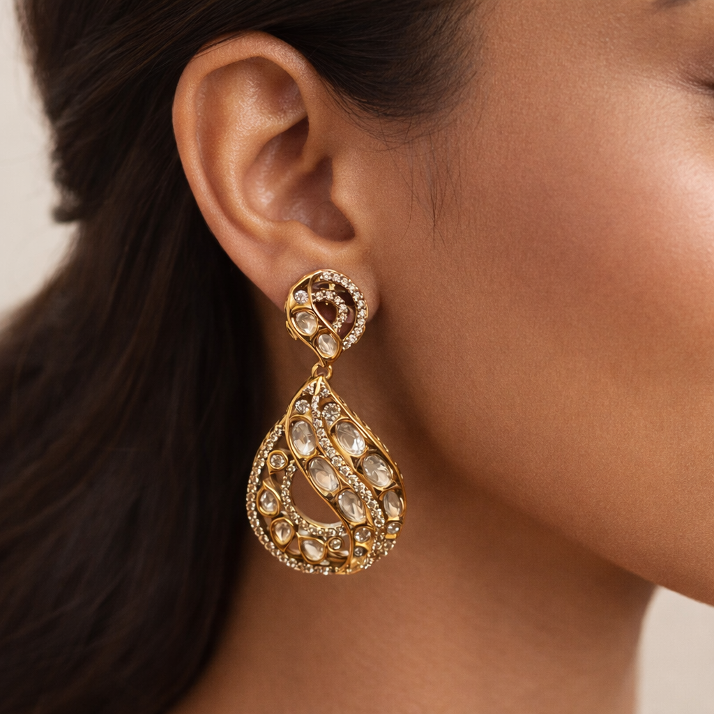 Zariya Polki Teardrop Earrings – Gold Polki Statement Drop Earrings