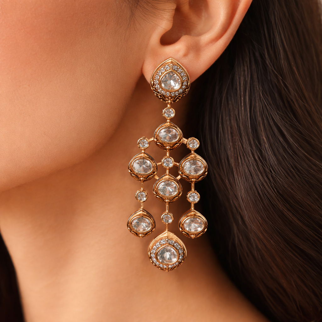 Rajvini Polki Cascade Earrings – Gold Polki Long Statement Earrings