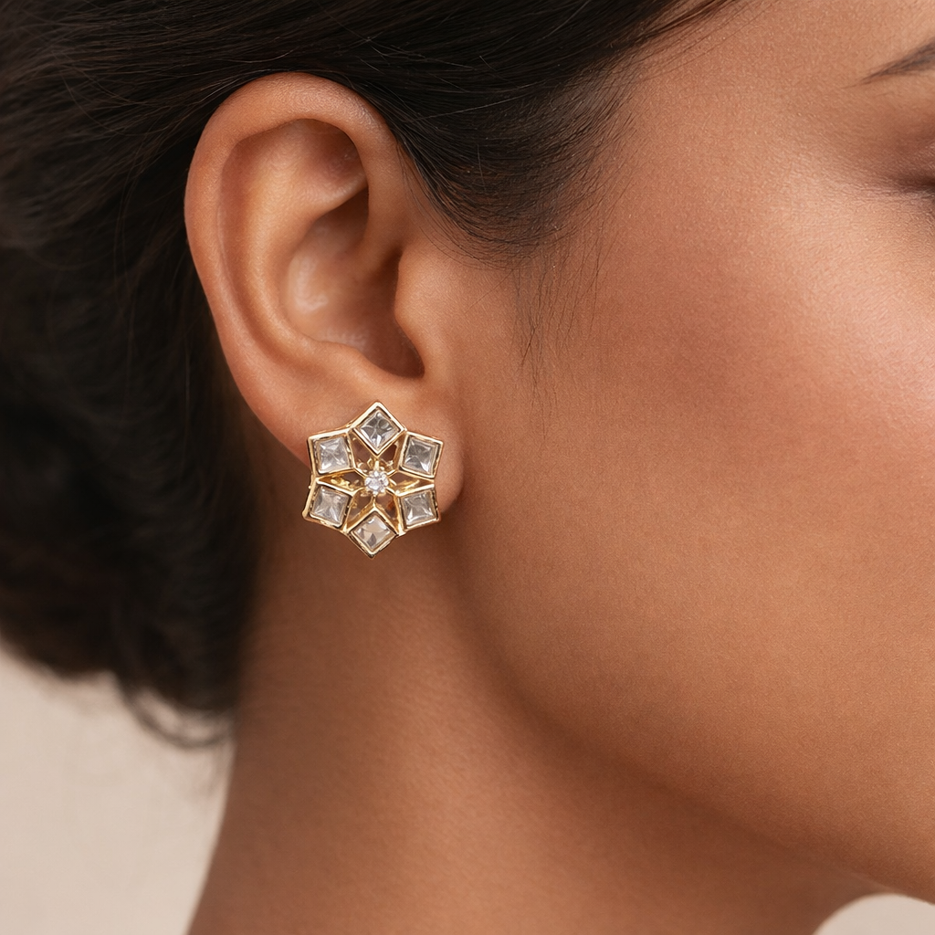 Zaria Floral Polki Stud Earrings | Elegant Gold Kundan Style Stud Earrings