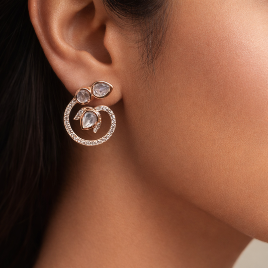 Aurelia Polki Swirl Earrings | Modern Rose Gold Polki Diamond Earrings