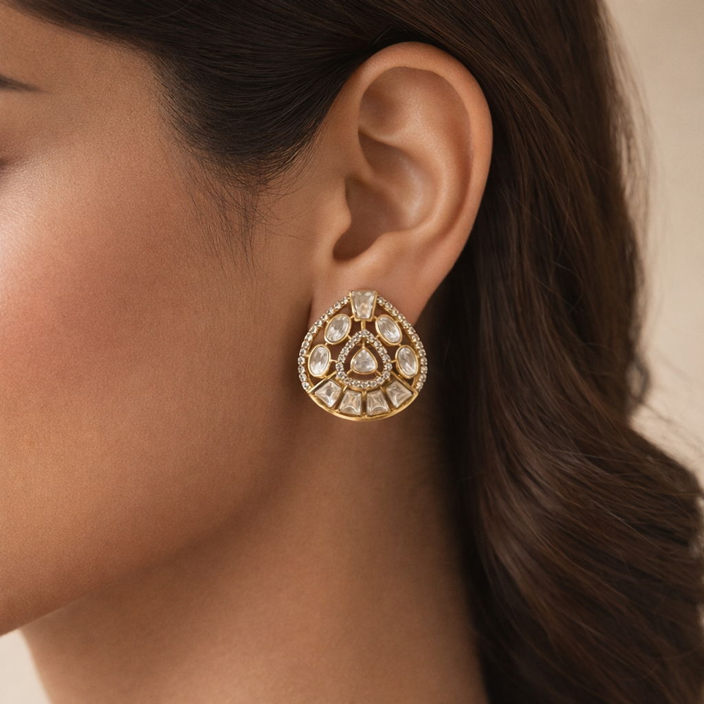 Abeer Chand Polki Stud Earrings | Traditional Gold Kundan Polki Earrings