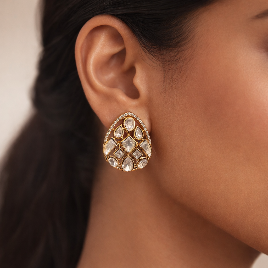Zeenat Teardrop Polki Stud Earrings | Elegant Gold Kundan Polki Statement Earrings