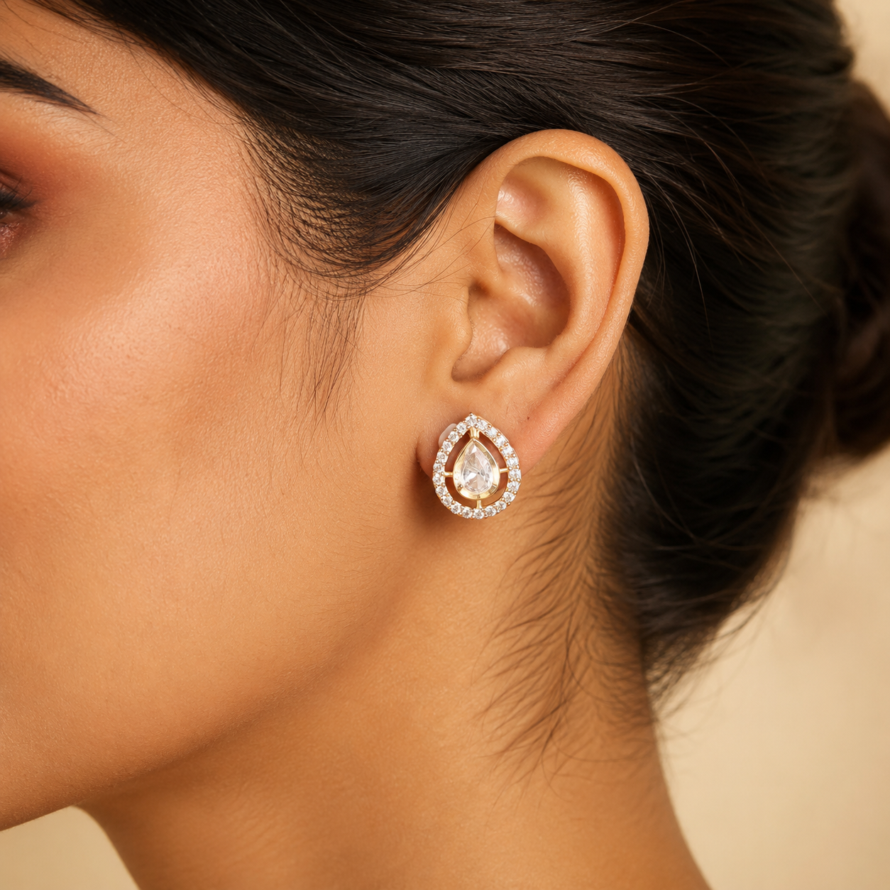 Aarisha Teardrop Halo Studs | Moissanite Polki Pear-Shaped Stud Earrings for Women | Atal Jain Designs