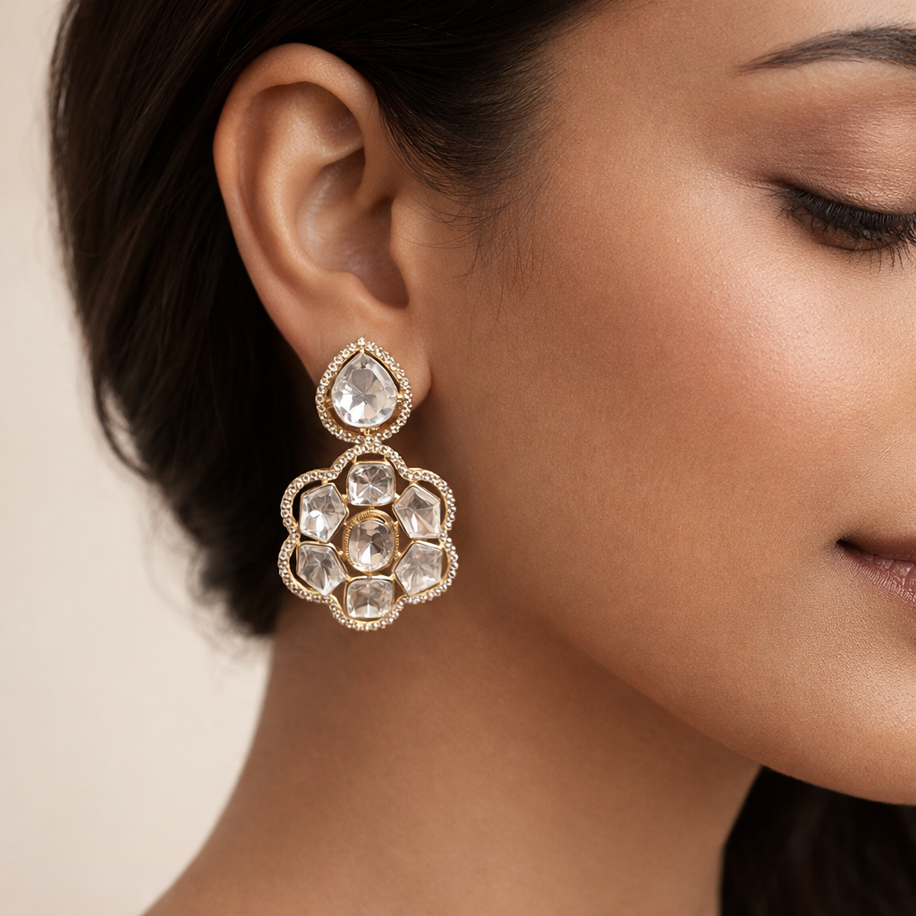 Noor Pushp Polki Drop Earrings – Elegant Floral Polki Statement Earrings