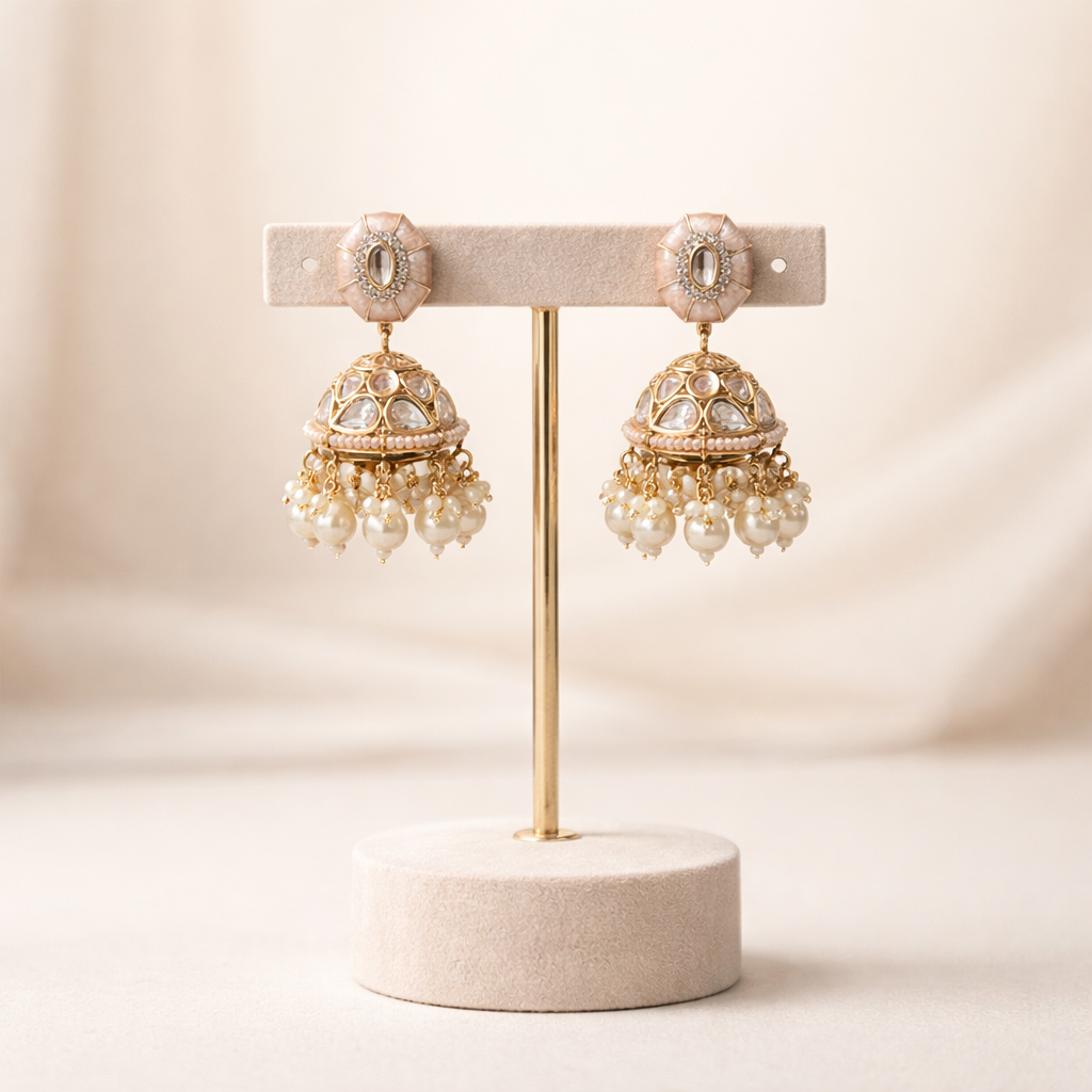Gulnaar Polki Pearl Jhumka Earrings – Pink Enamel Polki Jhumka with Pearls
