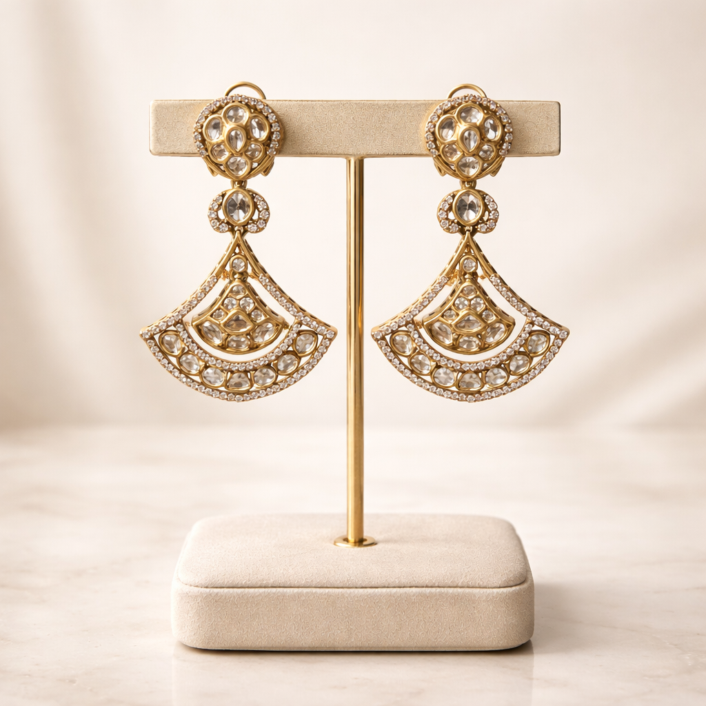 Noorvani Polki Fan Drop Earrings – Gold Polki Statement Earrings