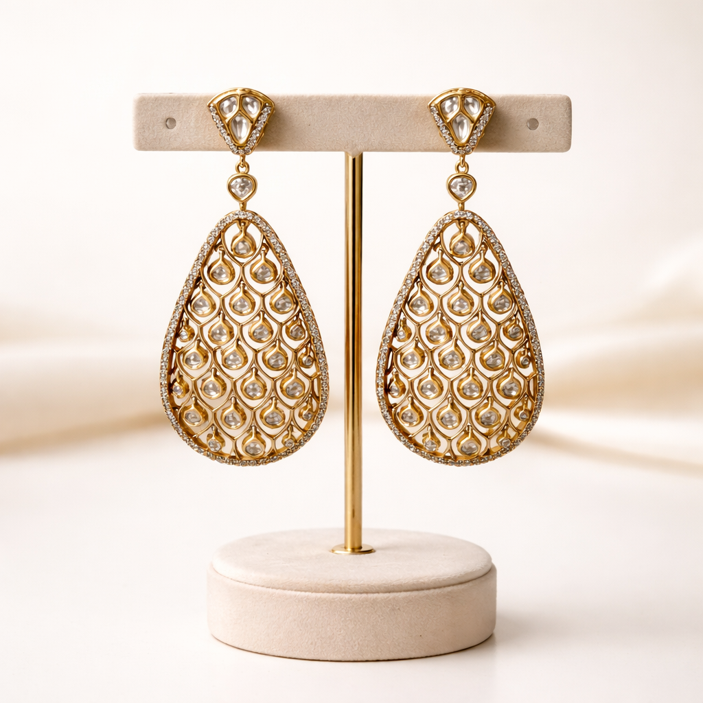 Triveni Polki Teardrop Earrings – Gold Polki Statement Drop Earrings