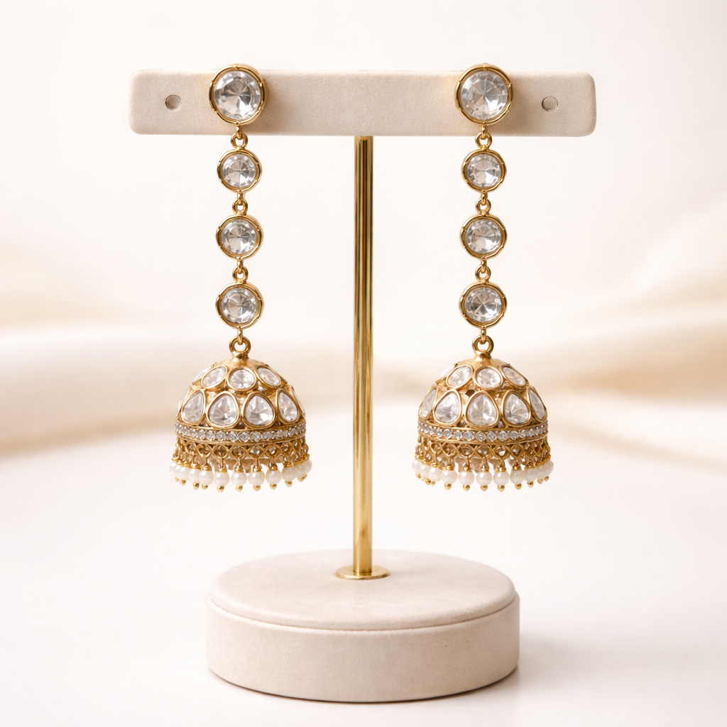 Sitara Polki Long Jhumka Earrings – Gold Polki Statement Drop Earrings