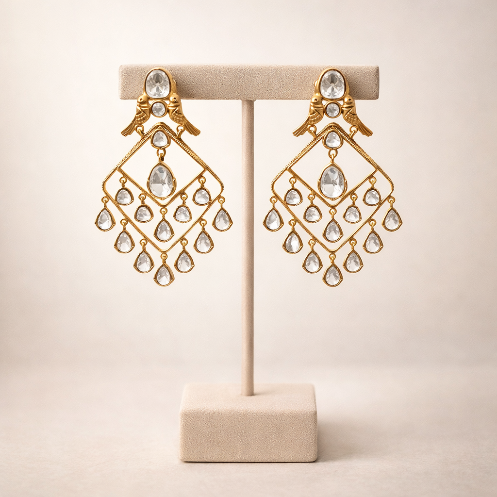 Rajhans Polki Statement Earrings – Gold Polki Long Drop Earrings