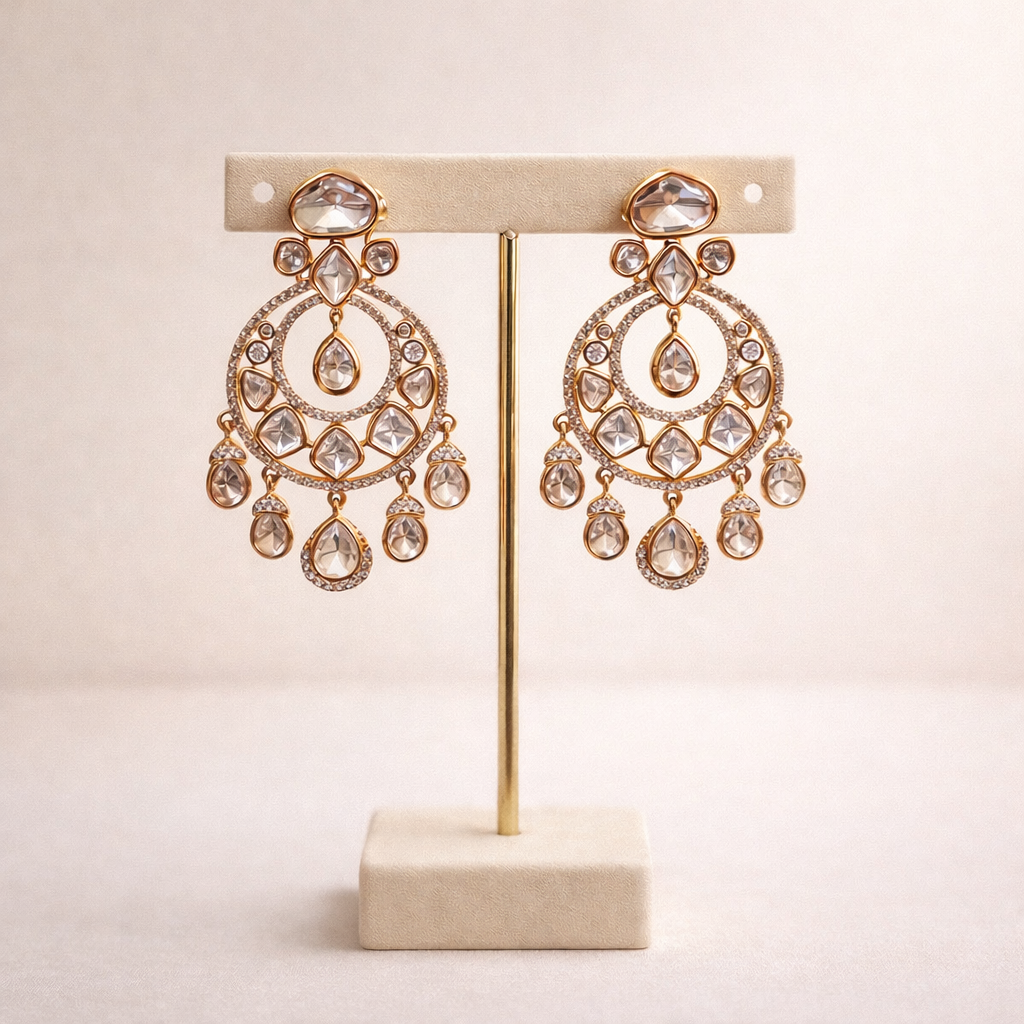 Aaradhya Polki Chand Drop Earrings – Gold Polki Statement Chandbali Earrings