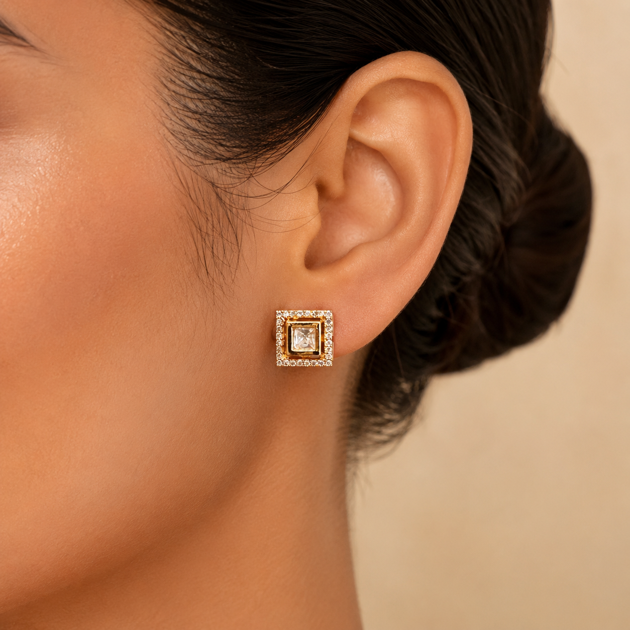 Elara Square Halo Studs | Moissanite Polki Minimal Stud Earrings for Women | Atal Jain Designs