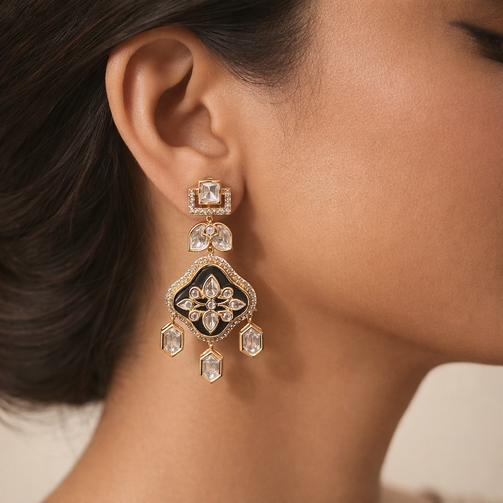 Noorbagh Polki Enamel Drop Earrings | Ruby & Black Mughal Style Earrings