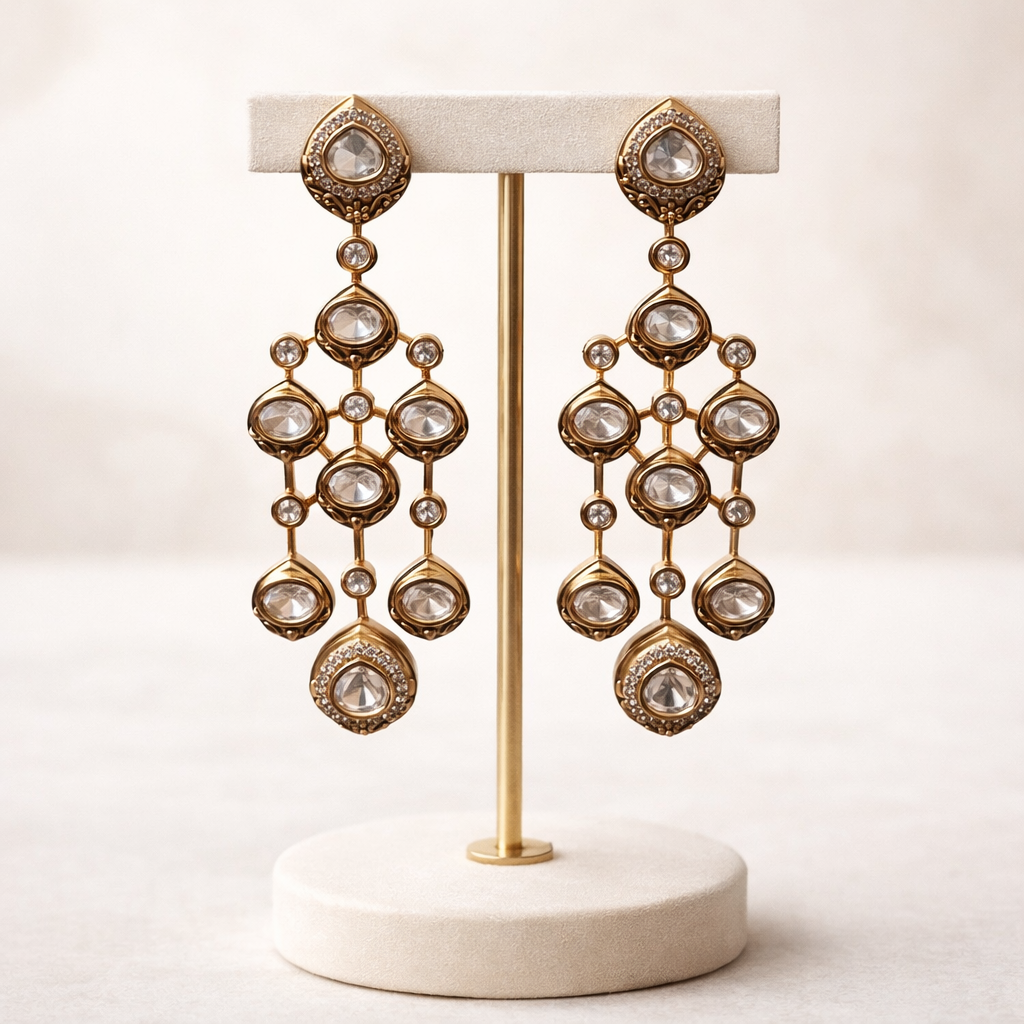 Rajvini Polki Cascade Earrings – Gold Polki Long Statement Earrings