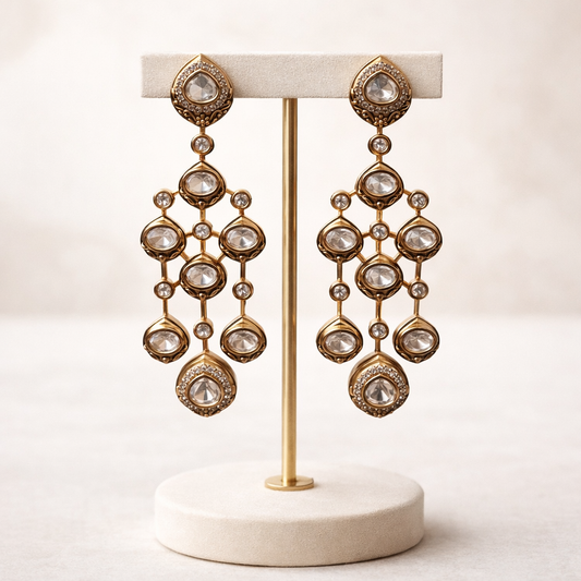 Rajvini Polki Cascade Earrings – Gold Polki Long Statement Earrings
